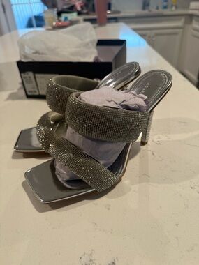 Embellished Silver Strappy High Heel Mules